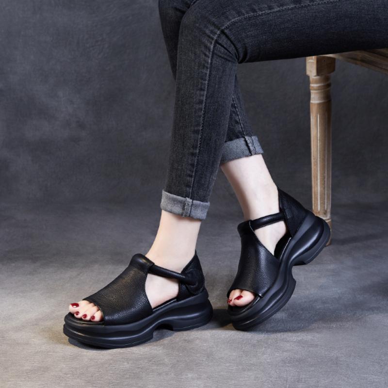 Johnature Scarpe da Donna in Vera Pelle con Suola Spessa Peep Toe Retro Sandali con Zeppa Comodi