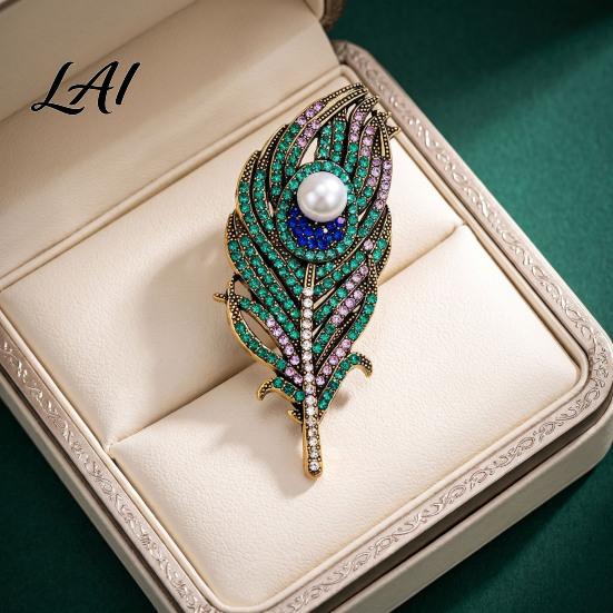 Coats Decorative Pin Vintage Peacock Feather Brooch Faux Pearl Rhinstone Lapel Rhinestone Dress Pin Clothing Jewelry Accessories for Wedding