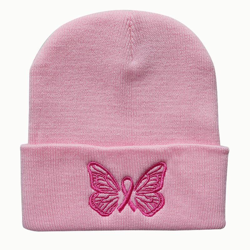 New autumn and winter trendy pink cute butterfly embroidered knitted hat for men and women, warm pullover student beanie