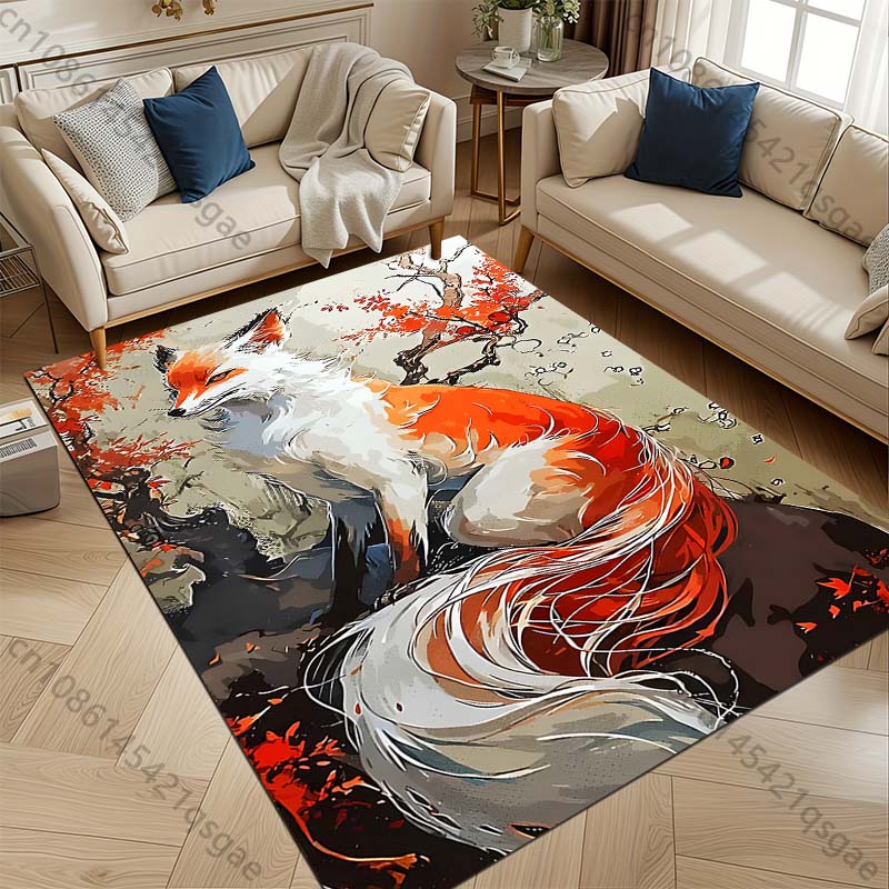 Multiple sizes Red fox long tail on rock maple Print Carpet for Living Room Bedroom Sofa Home Decor Non-slip Mat Luxury Gift