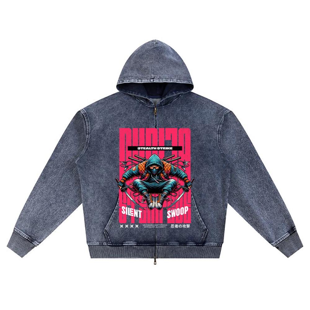 

DTG print Knitted Denim Zip-Up Hoodie Ninja Stempede Brother Print Zipper Hoodies XL темно-синий