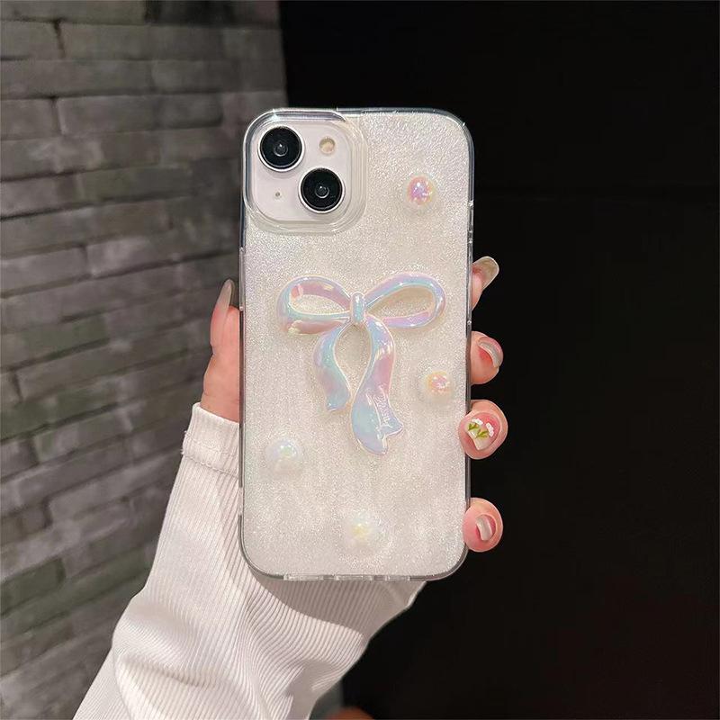 Silver Bead Bow Mobile Phone Case For Iphone17Promax Epoxy Luxury Women'S 14 Apple 15 Pearl 13