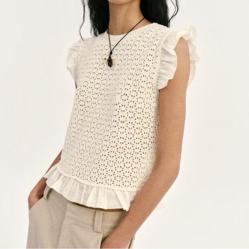 Womens 2026 French Style Sleeveless Knit Top Slim Fit Hollow Out Sweater