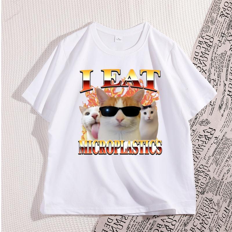 I Eat Microplastics Fun Cat Tshirt 2026 New Hot Selling Mens Womens Cotton Short Sleeve Casual Pattern Tshirt Clothes