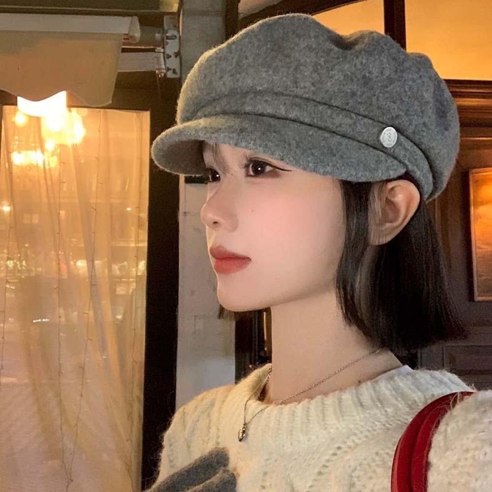 Casual Solid Color Wool Beret Cap Dome Knitted Female Painter Cap Big Head Circumference Versatile Octagonal Brimless Hat Spring
