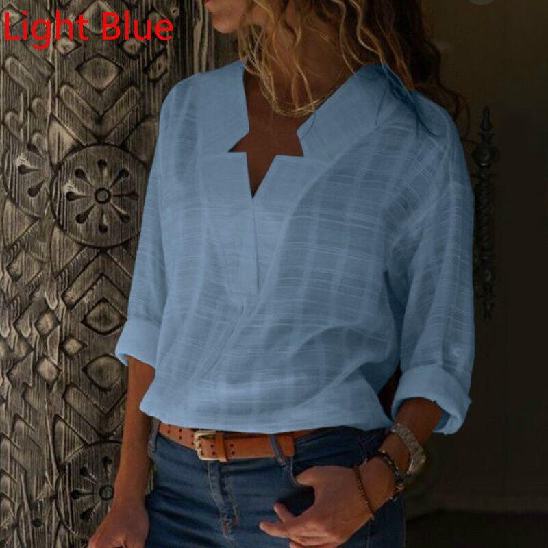 Womens Solid Spring Pink White Fall Blouses Loose Irregular V Neck Long Sleeve Tops