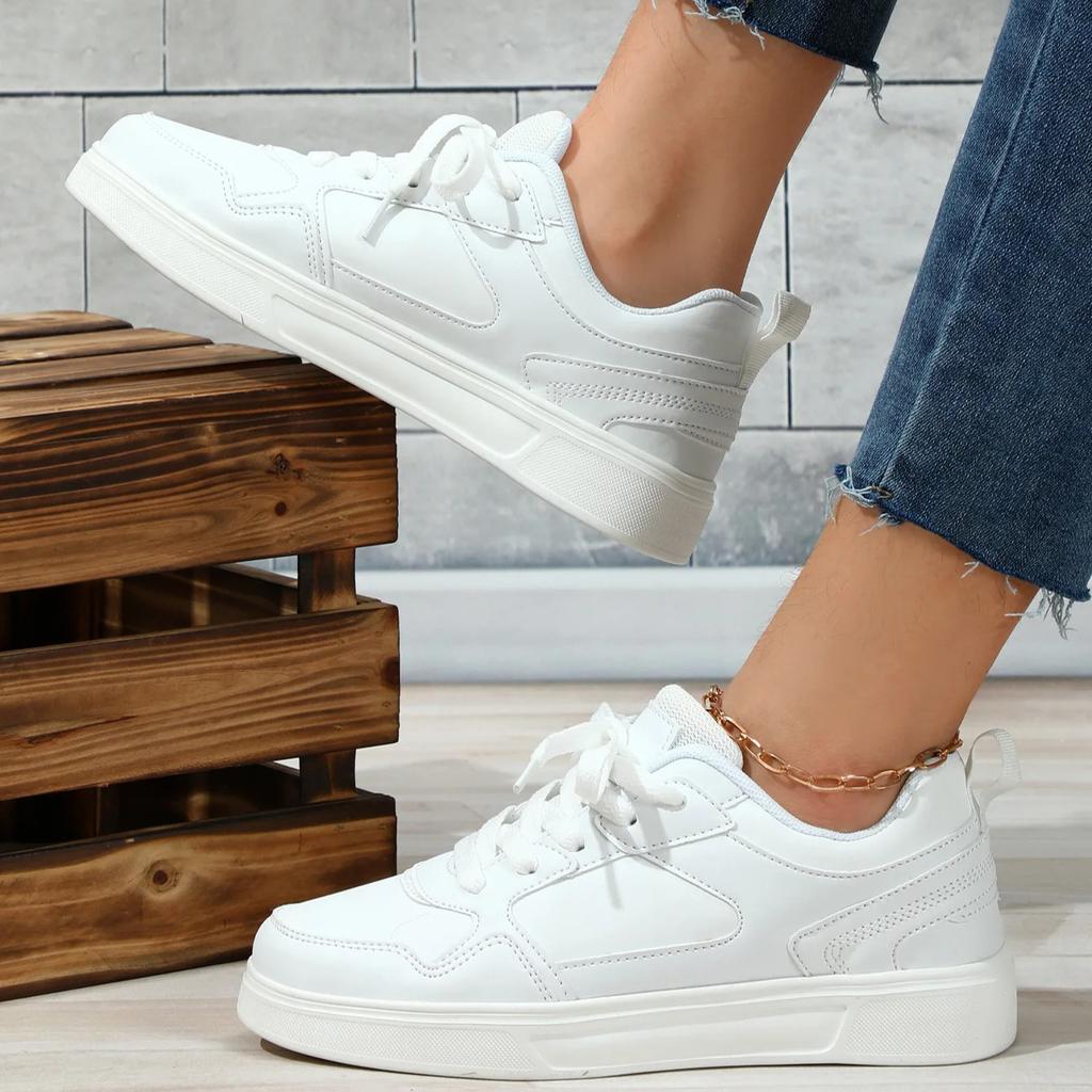 White Shoes PU Leather Board Shoes Women Breathable Casual Sneakers Men Lace-up Trendy Running Trainers Anti-slip Waterproof