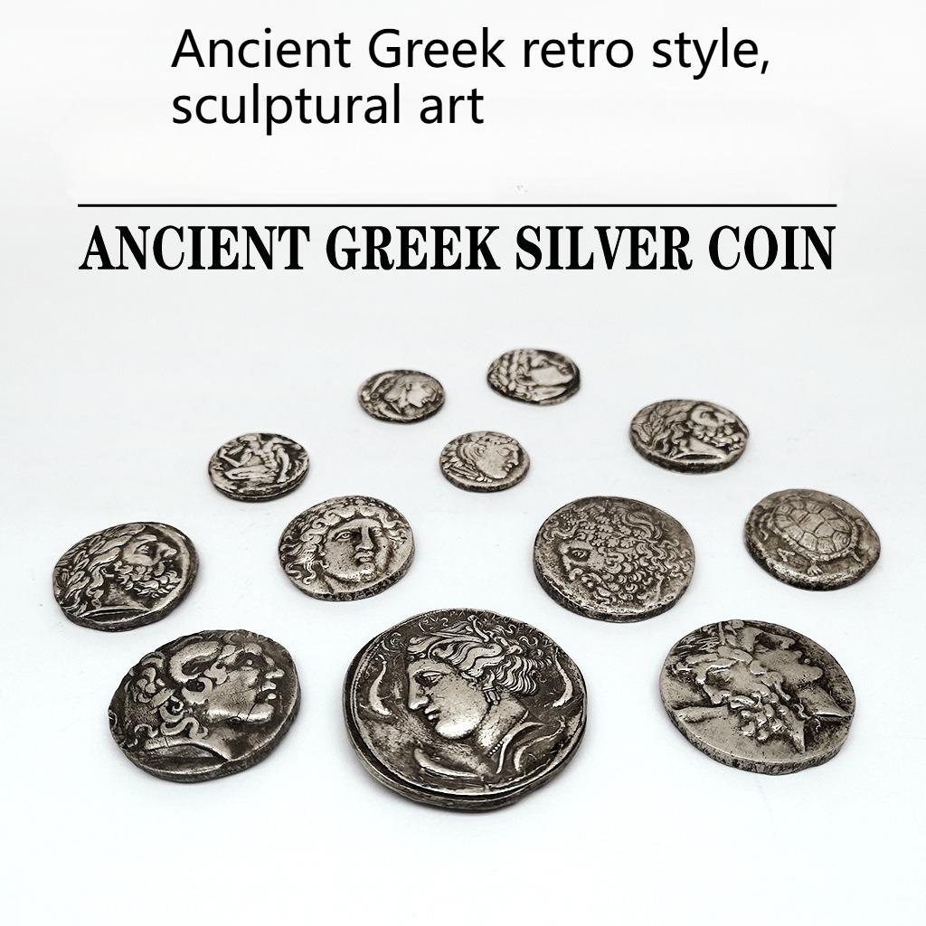 Monete greche antiche in argento, monete olandesi, luna, Zeus, costellazioni, stile retrò greco antico, arte scultorea