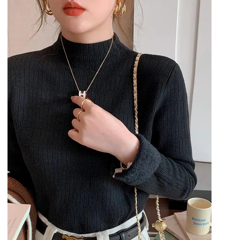 

Повседневный пуловер, вязаные толстые свитера, осенне-зимние топы с длинными рукавами, джемпер, плюшевый женский свитер с половиной воротника 29477 One Size чёрный