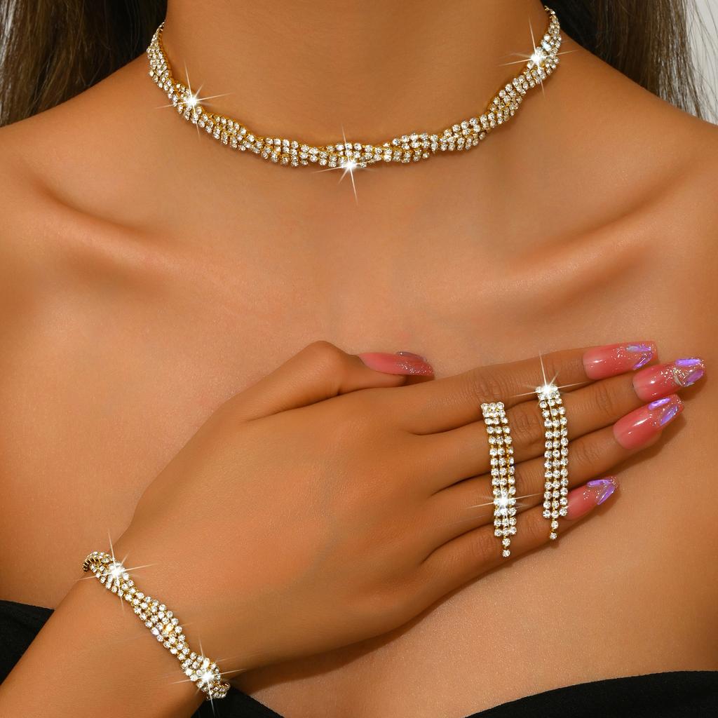 Popular Wedding Dress Women's Jewelry Water Diamond Necklace Earrings Two-piece Set