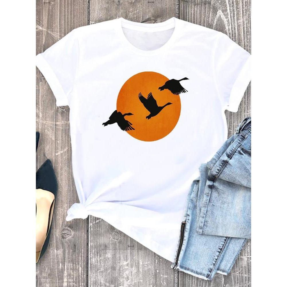 Garment Top Cute Simple Aerial Bird Print Short Sleeve T-shirt Vintage Clothes  Harajuku  Women Clothes  Oversized T Shirt