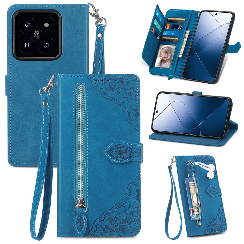 For Xiaomi 14T Zipper Wallet Case with Strap Flower Imprint PU Leather Phone Cover