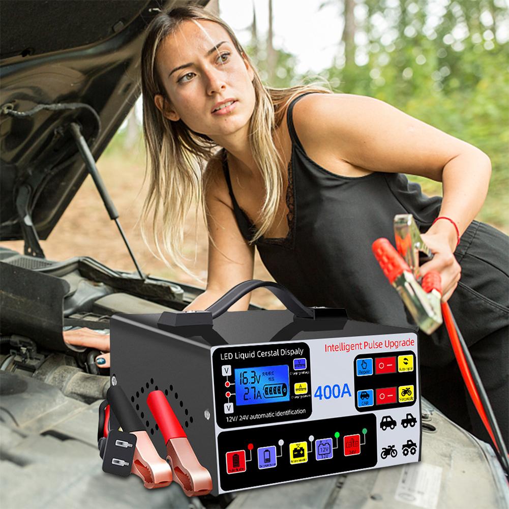 400A Intelligent Pulse Repair Charger Heavy Duty Smart Battery Charger LCD Display Five-Stage Full Automatic Car Battery Charger