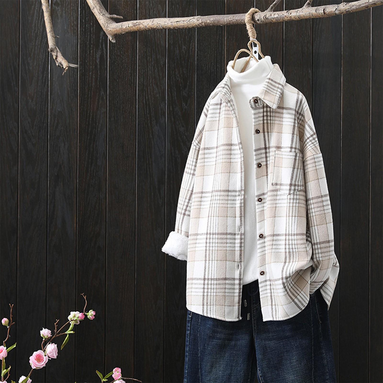 

Женская осенне-зимняя клетчатая свободная рубашка с длинными рукавами и мягкой подкладкой в ​​стиле ретро XL бежевый