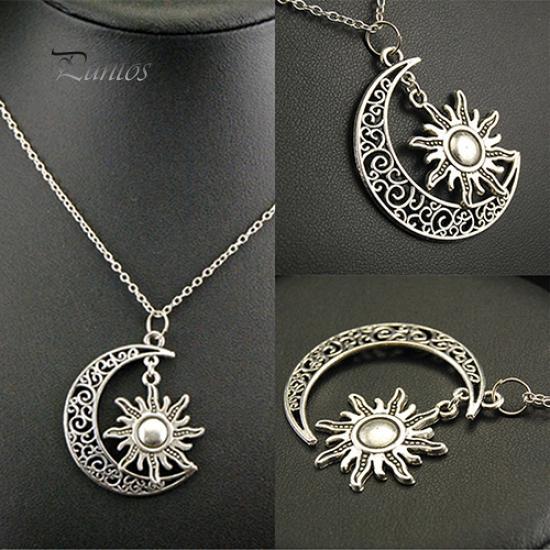 Crescent Moon Sun Pendant Necklace vintage gift for her sun jewelry bridesmaid necklace antique lucky charm