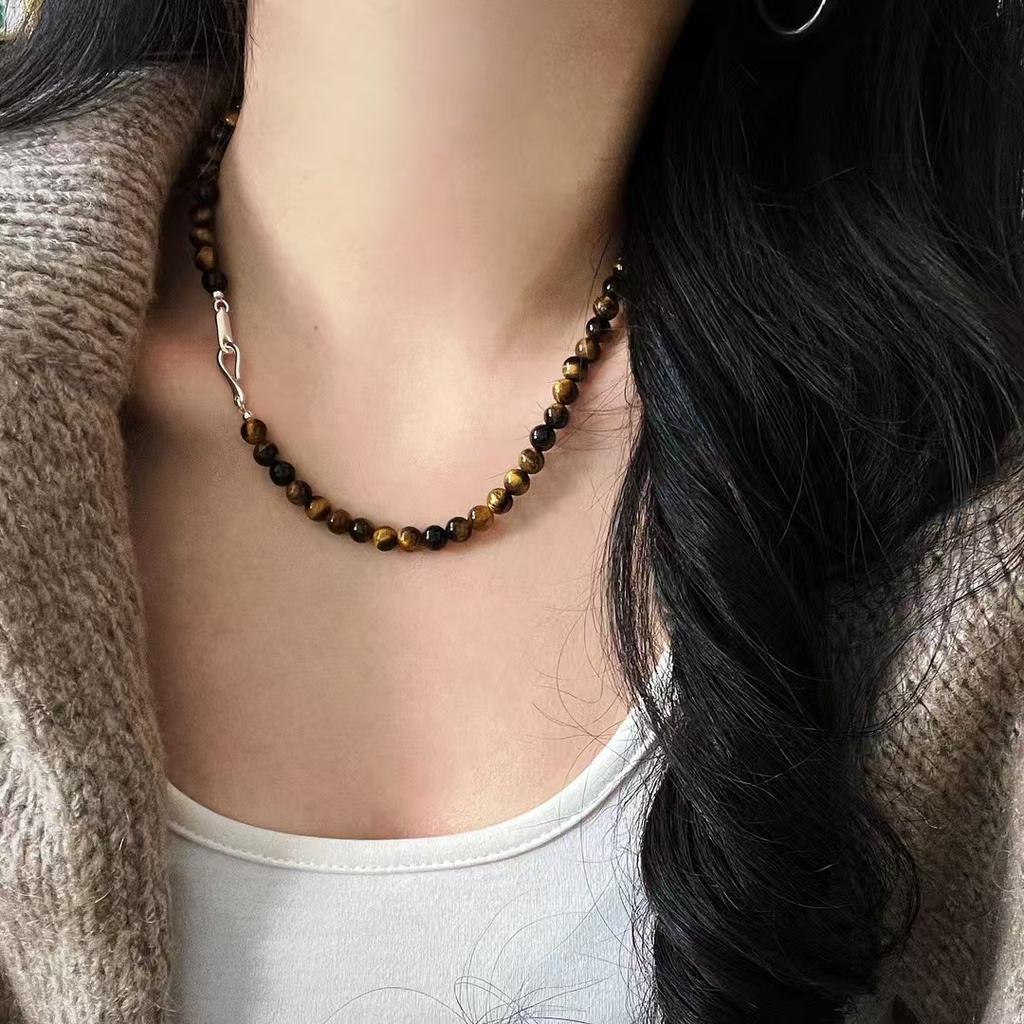 High Quality Vintage 925 Silver Buckle Natural Tiger'S Eye Stone Clavicle Chain Necklace