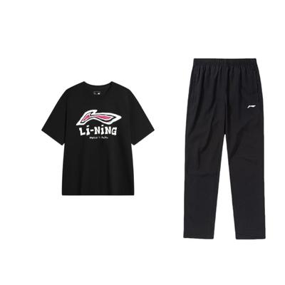 Li Ning Loose Fit Round Neck Drop Shoulder Pullover Short Sleeve Mid Waist Elastic Long Pants Casual Sports Set Men Sets Black AHSU711-1+AYKT413-1