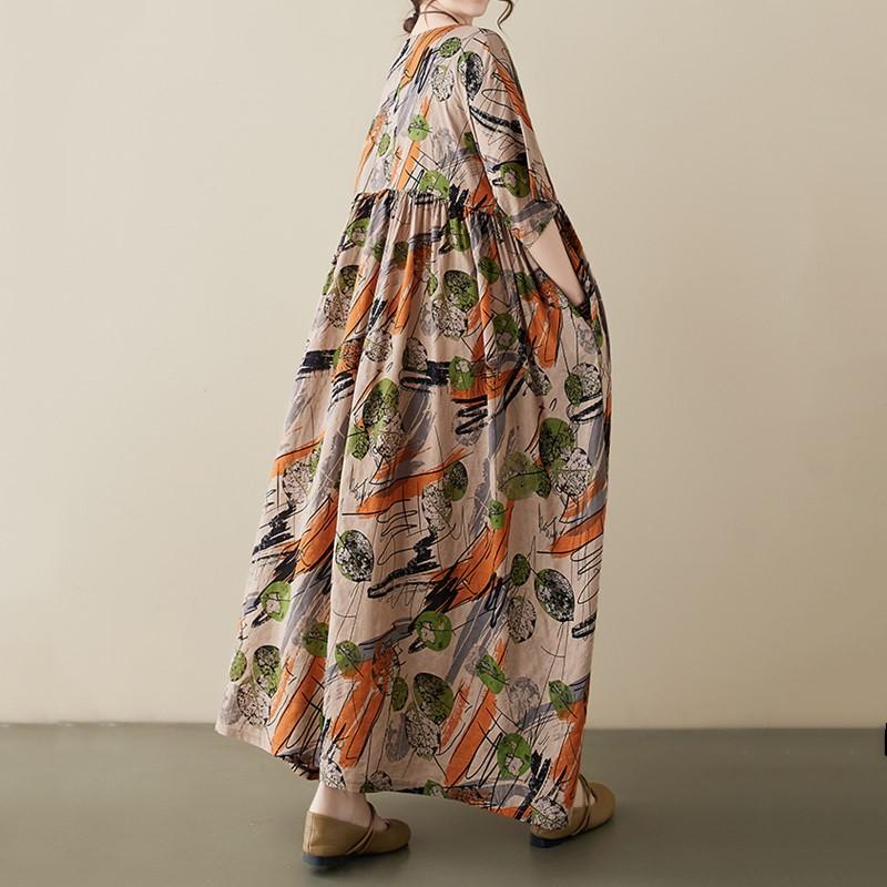 Kurzarm Plus-Size-Baumwolle im Vintage-Stil mit Blumenmuster, neu in Kleidern für Damen, lässig, locker, für den langen Sommer