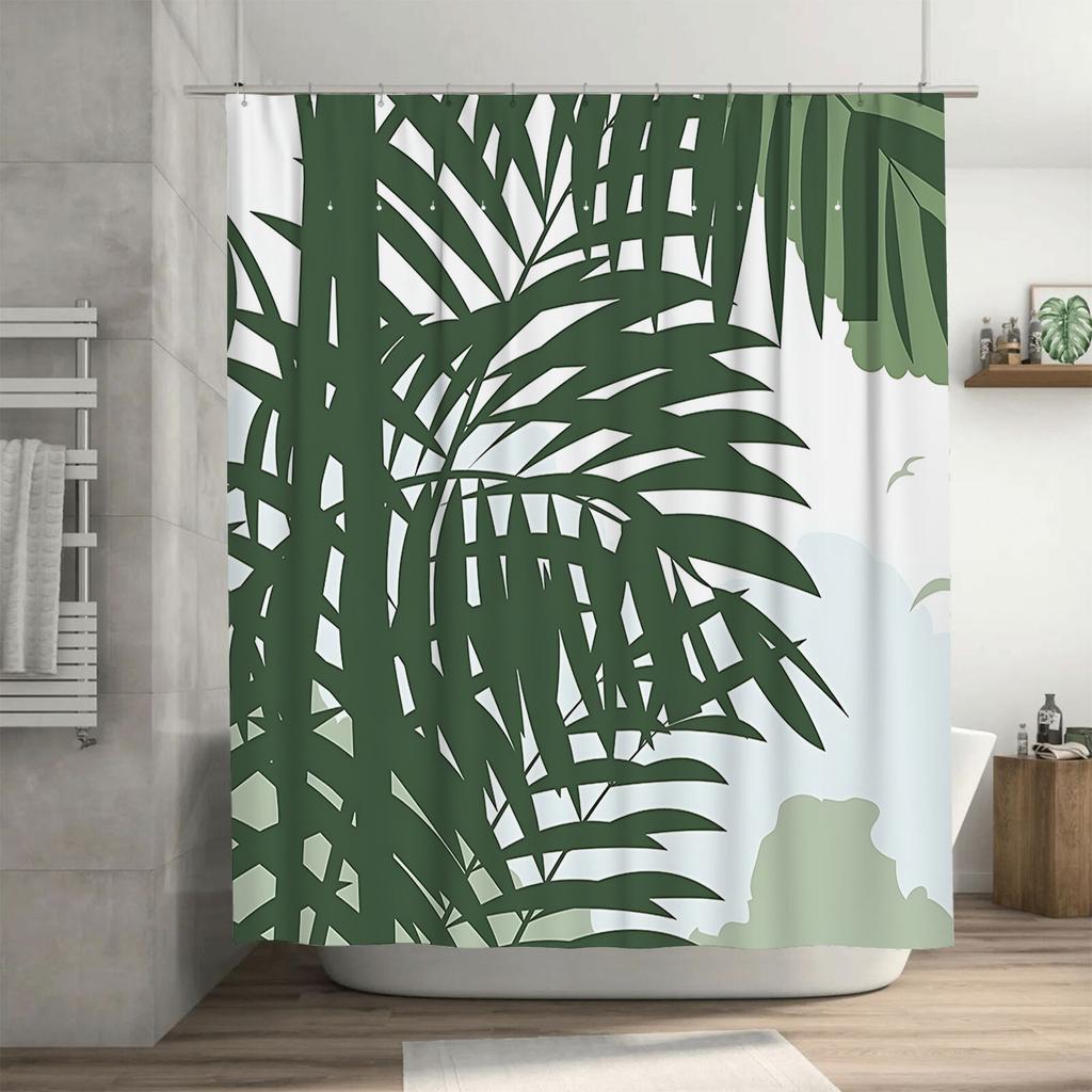 Tropical Leaf Pattern Shower Curtain - Exotic Palm Design Waterproof Bath Decor for Home Spa Ambiance Durable Fabric