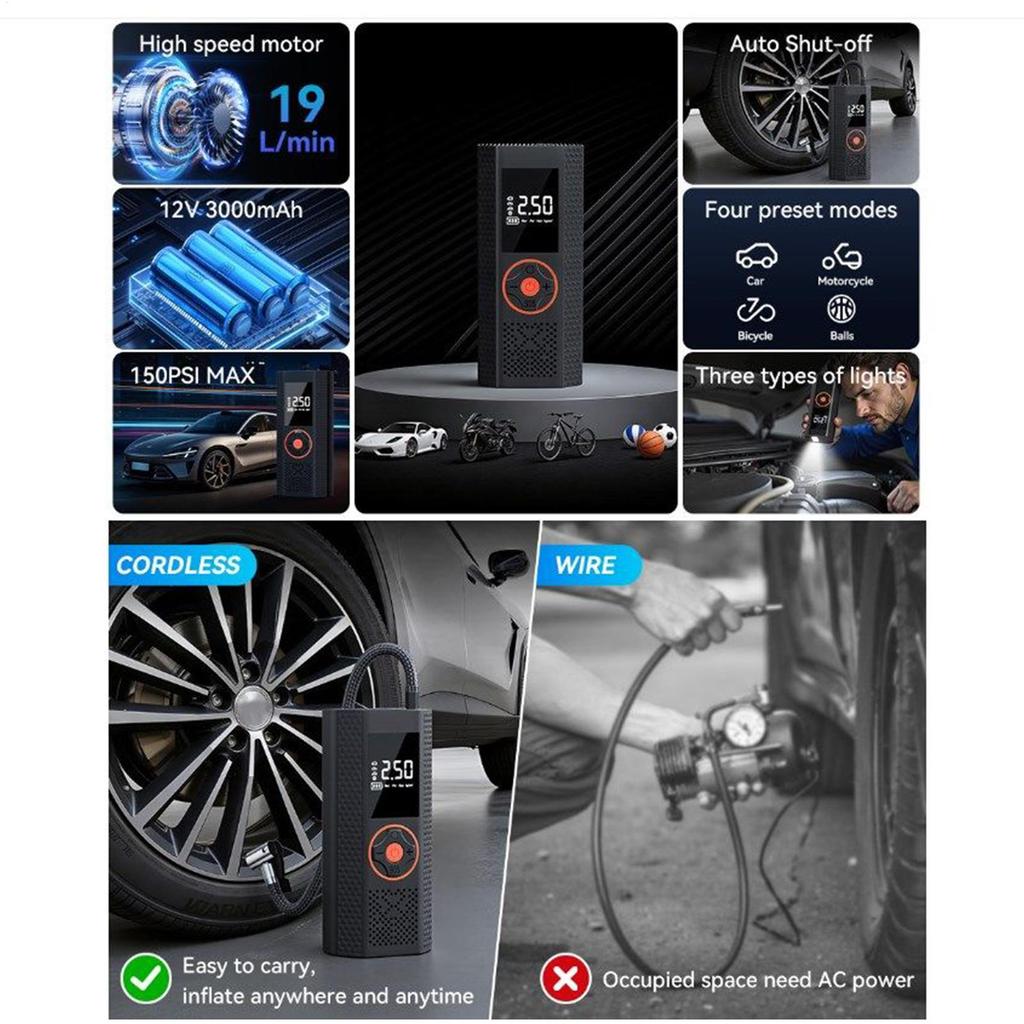 Portable Air Pump Rechargeable Cordless Auto Shut Off Car Tire Inflator Bike Pump For Motorcycle Bike Vehicle Electric Scooter