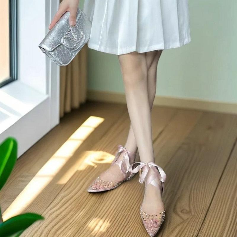 Fashion Sandals Women's Summer New 2025 Rivet Strap Crystal Bridesmaid  Pointed Rhinestone Transparent Low Heel Shoes Sandalias De Mujer