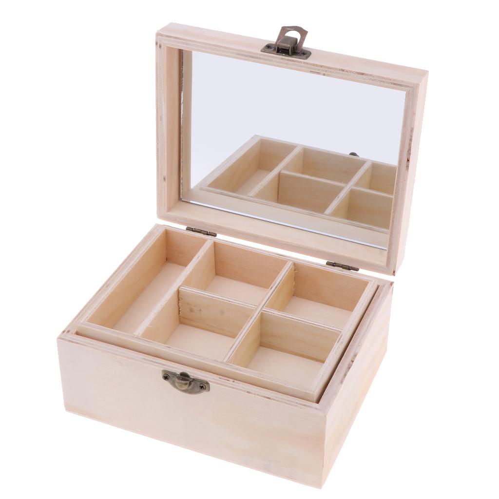 Wooden Jewelry Box Organizer Storage Case with Mirror Double Deck for Craft and Keepsake Gift Ideas