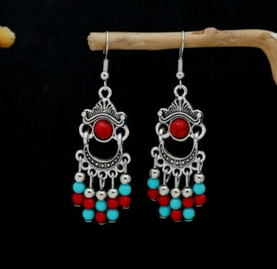Peacock Tassel Earrings with Hollow Leaf Design in Retro Ethnic Style Imitation Silver for Women