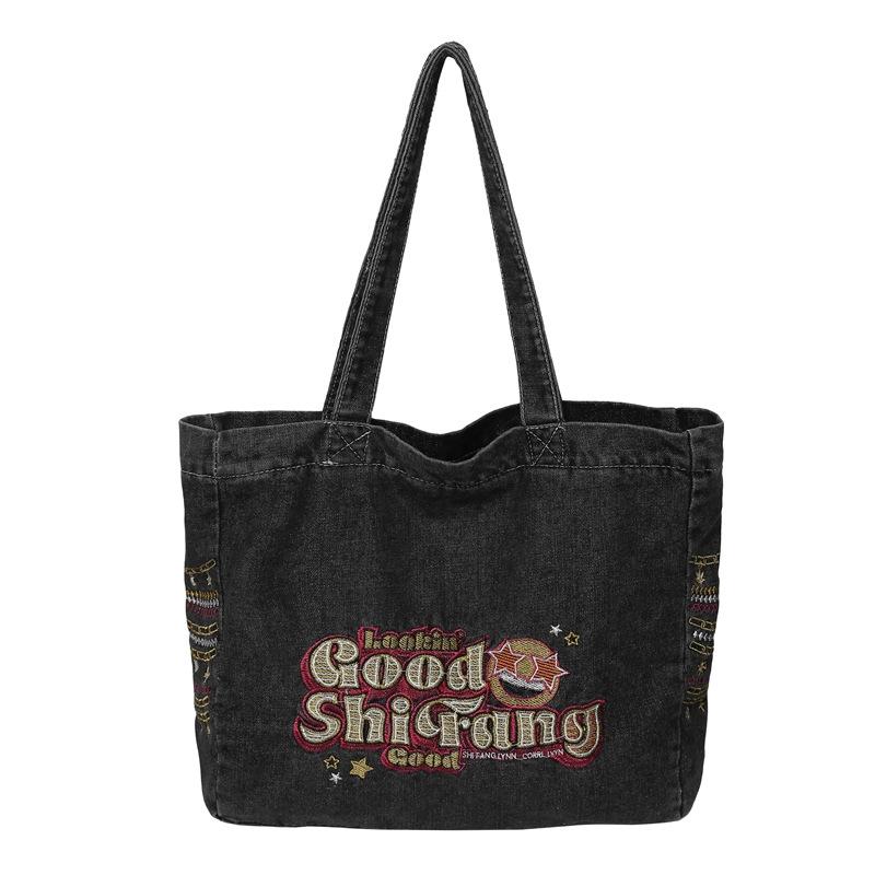 Большая вместительная холщовая сумка женская стираная джинсовая сумка-тоут студенческий — фото 7