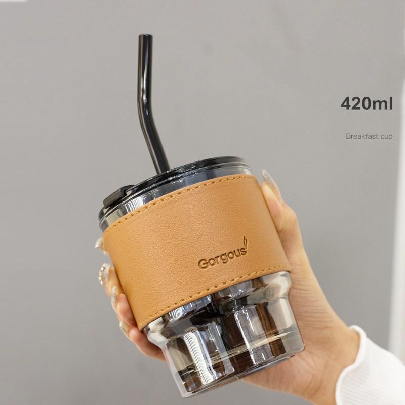 450ml Coffee Glasses Heat Resistant Leather Cover Glass Mug Water Cup Tea Wine Drinkware Glasses Tumbler With Lids Straw