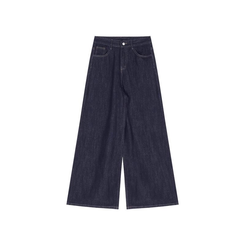 Autumn 2024: Women's Retro Dark Blue Wide-Leg Floor-Length Jeans