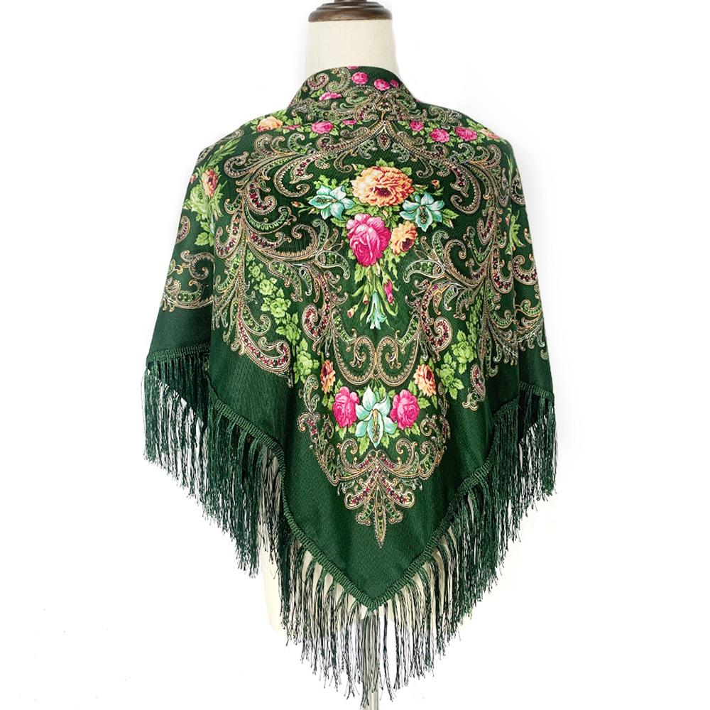Retro Style Ukrainian Fringed Shawl Russian Floral Print Square Scarf Babushka Bandana Handkerchief Female Head Wraps