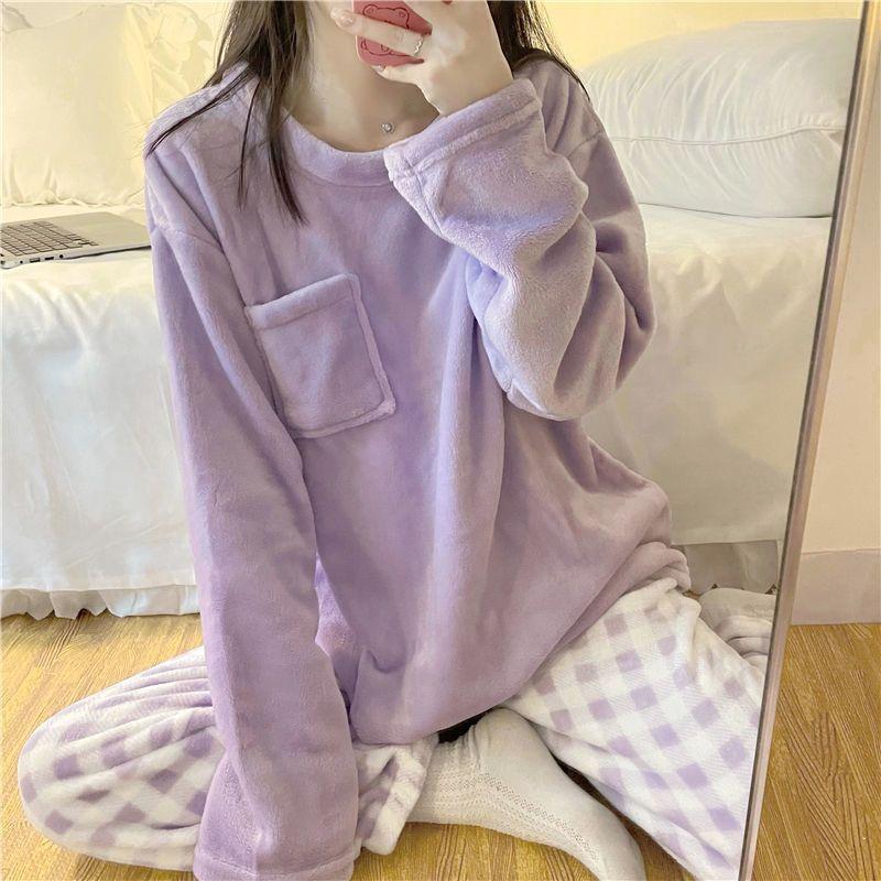 Pigiama da donna in pile spesso e caldo Set invernale per dormire casual a tinta unita Top e pantaloni a quadri Set pigiama morbido per donne Tuta da casa