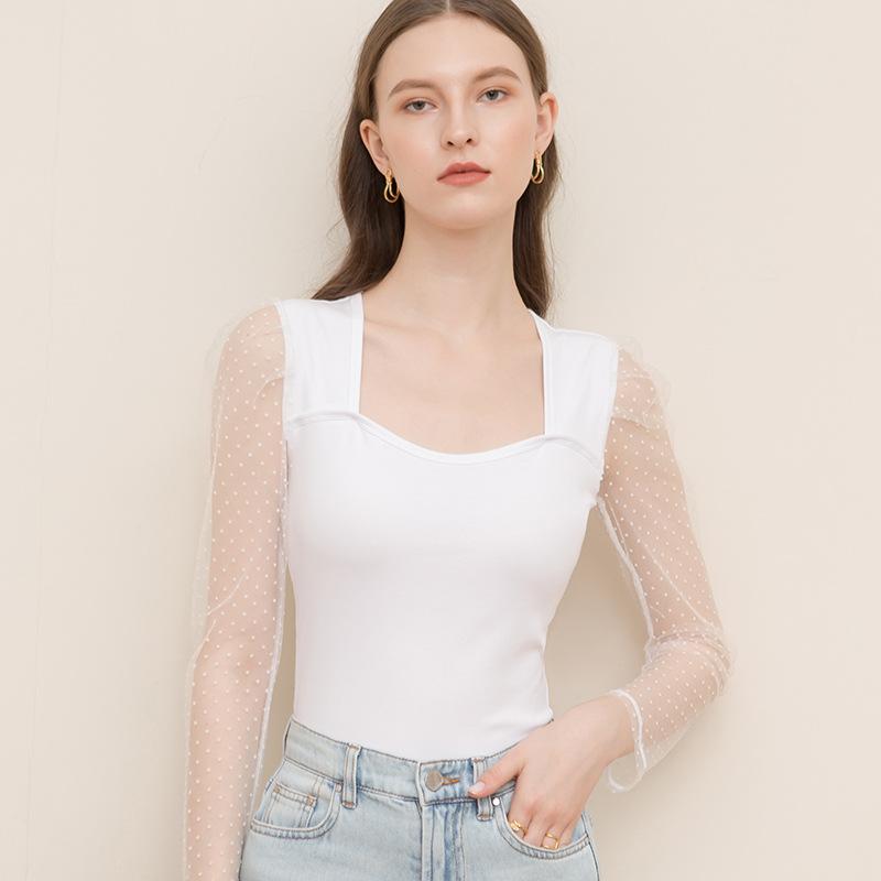 New Fashion Square Neck Puff Sleeve Women's Top Solid Color Net Yarn Cotton Long Sleeve Bottoming Shirt