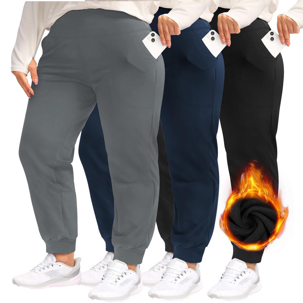 מכנסי ספורט מבודדים במידות גדולות עם בטנה מפליז ורגליים מכופתרות לנשים, מכנסי חימום בריצה בגזרה גבוהה לשליטה בבטן, מתאימים לסתיו ולחורף