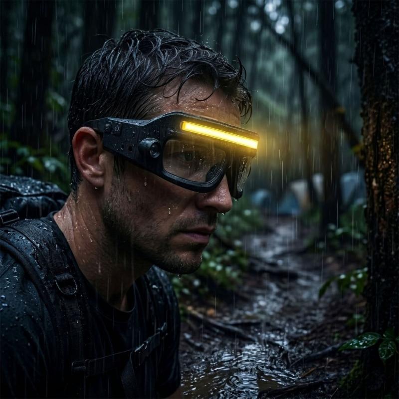 Rechargeable Light Glasses with Horizontal Light Bar and Round Front Lamp, Clear Acrylic Lens for Camping and Outdoor Inspection Tasks