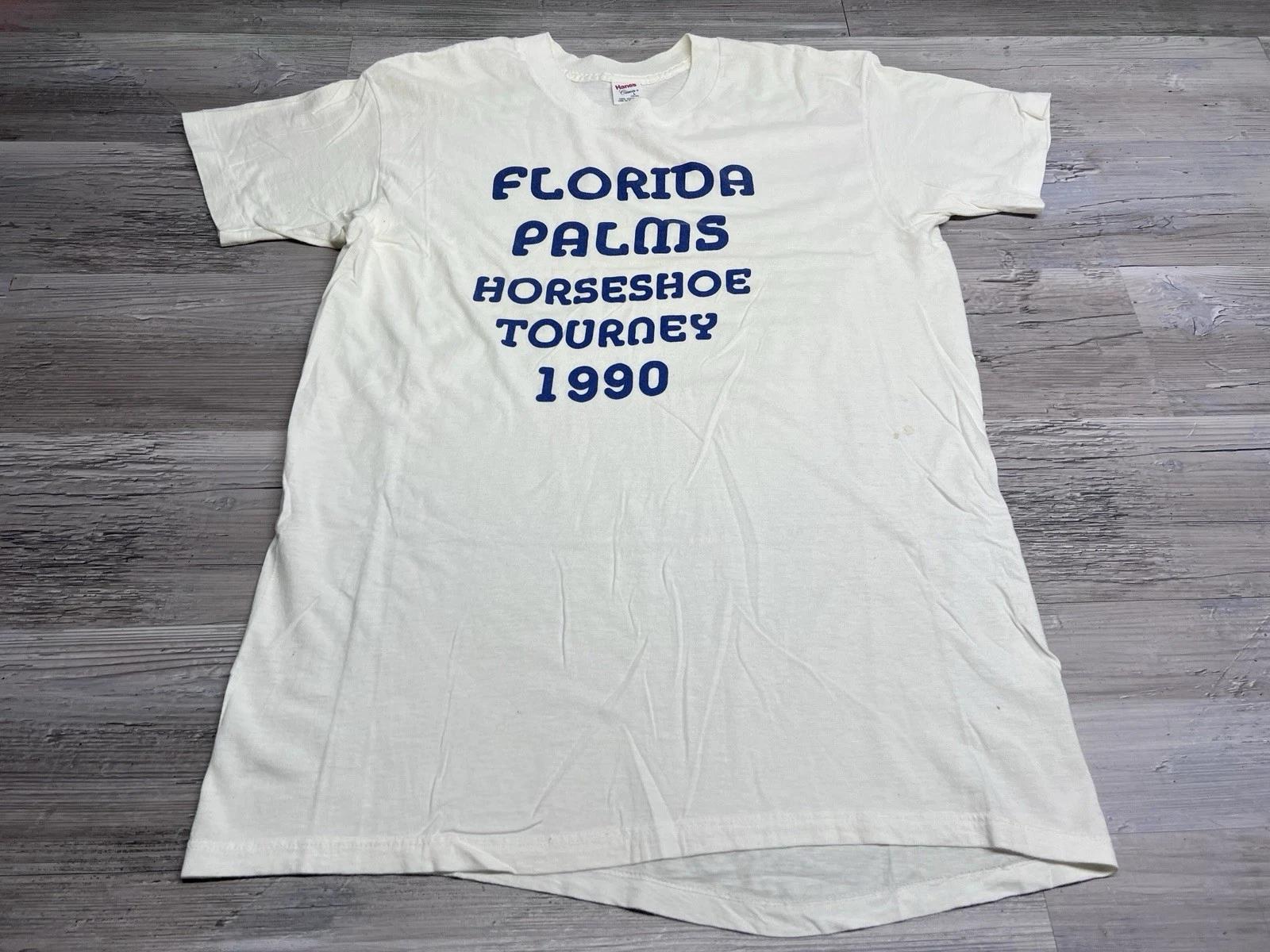 Vintage 90s Florida Palms Horseshoe Tournament Slogan T-Shirt Single Stitch Sz L S