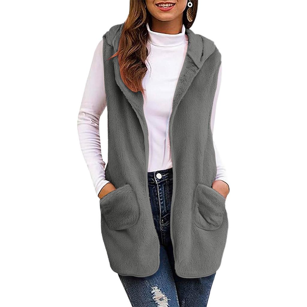 Women's Fashionable Solid Color Hooded Warm Jackets  Sleeveless Plush Vest Cardigan Coat With Pockets