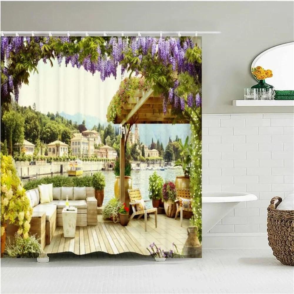 Home Wall Decor European Building Garden Patio Landscape Shower Curtains Bathroom Curtain Waterproof Bath Curtains for Bathroom