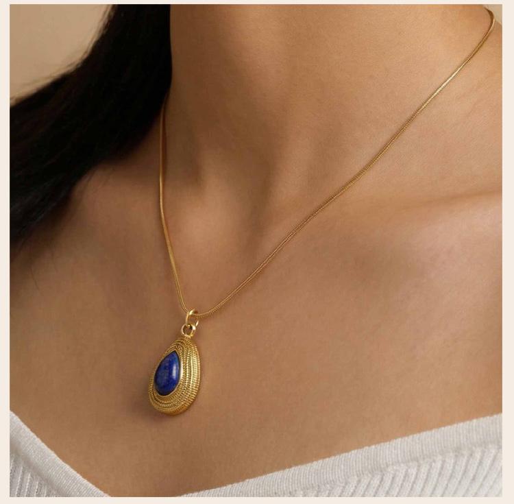 Natural Stone Necklace Stainless Steel 18K Gold Plated Geometric Tiger Eye Lapis Lazuli Pendant Women Vintage Jewelry