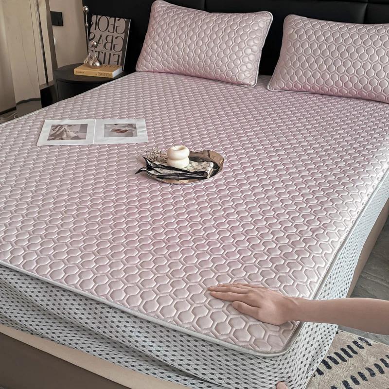 Soft Thick Latex Ice Silk Fitted Sheet Set Queen Cool Down Bed Sheet and Pillowcase Washable Machine Summer Cooling Mat for Bed