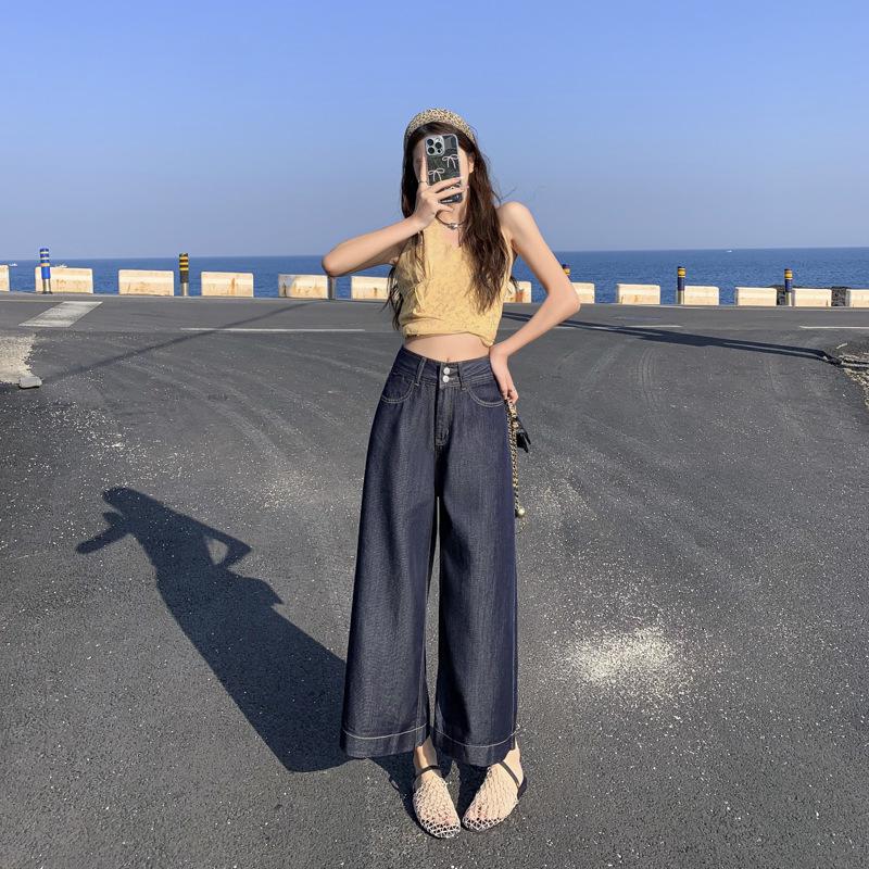 

Vintage High-Waist Double Button Drapey Wide-Leg Cropped Jeans for Women XL темно-синий
