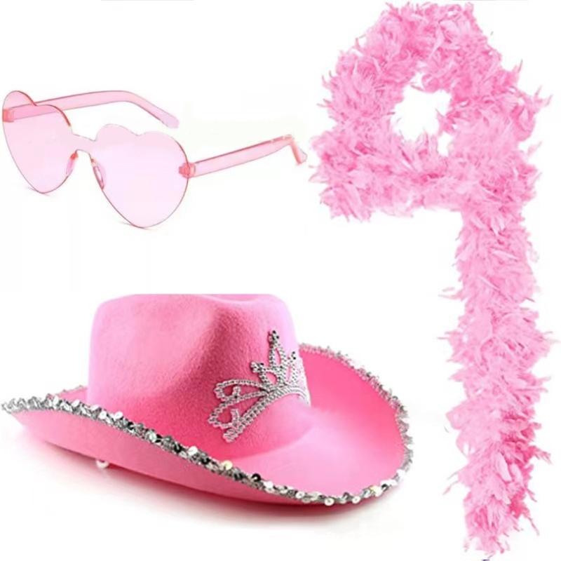 Pink Cowboy Hats with Heart Shaped Glasses Long Feather Boas Western Cowgirl Hat Halloween Costume Accessories for Women