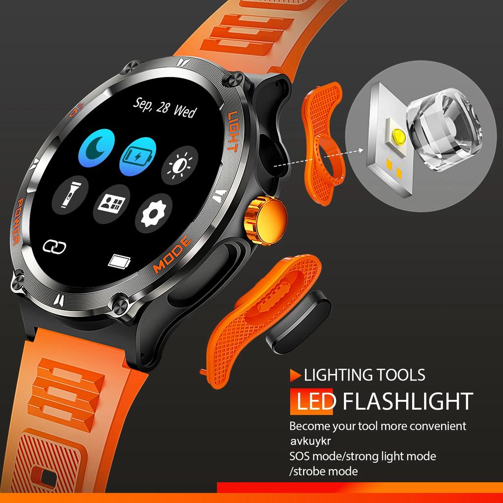 Outdoor Military Smart Watch Men LED Strong Light AMOLED Screen Heart Rate Compass Bluetooth Call 3ATM Waterproof Smartwatch