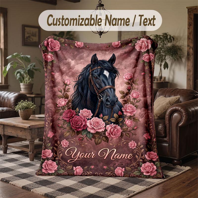Horse Theme Throw Blanket Custom Name Text Personalized Blanket Soft Cozy Blanket for Home Sofa Bed