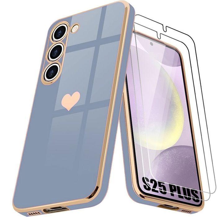 Blue Silicone Case for Samsung Galaxy S25 Plus (S25+) Heart Pattern + 2 Tempered Glass Protectors