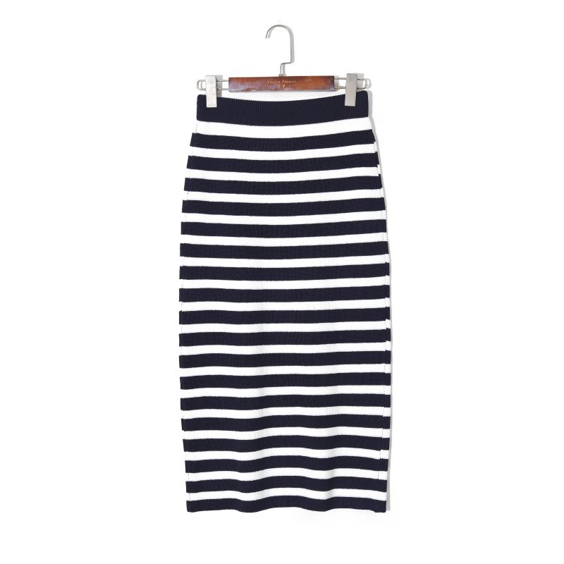 

2025 Women s Spring Clothing Mixed Color Stripe Mid Length Long Length Skirt Elastic High Waist Silm Elastic Knitted Hip Skirt Stripes S