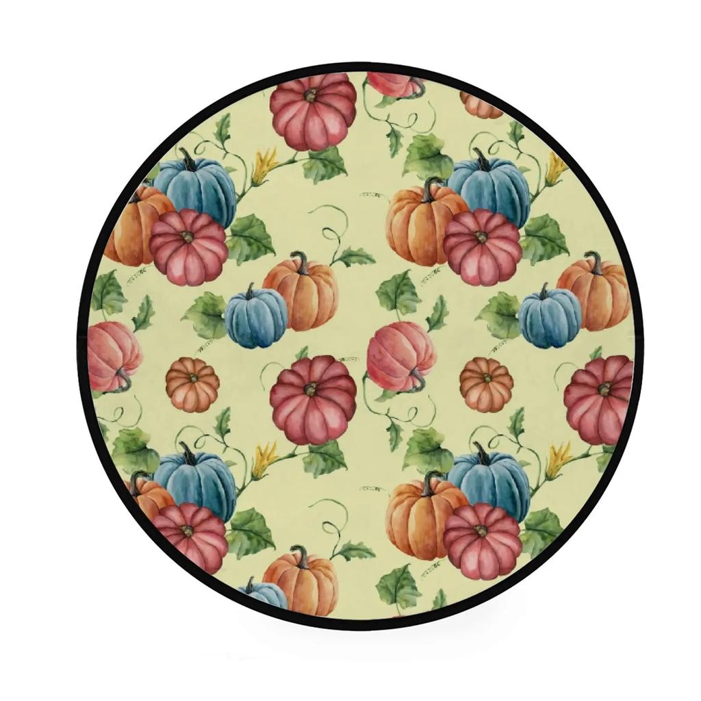 Fall Pumpkin Round Rug for Bedroom Thanksgiving Decor Circle Non Slip Carpet Maple Leaves Floor Mat for Bath Living Room Kitchen