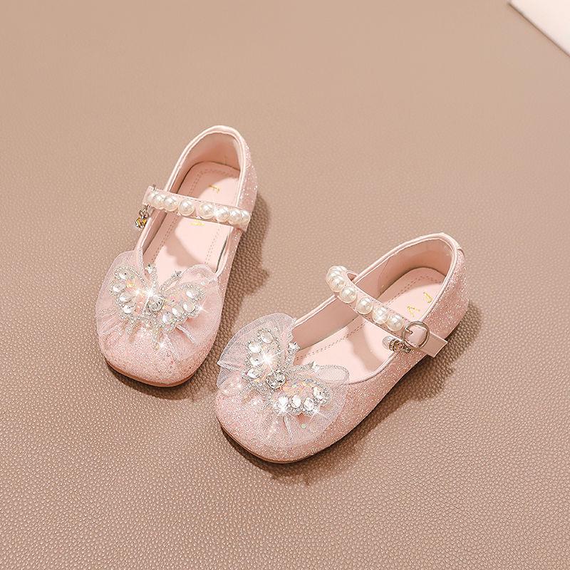 2026 Spring Girls' Princess Leather Shoes with Rhinestone Bow & Soft Sole