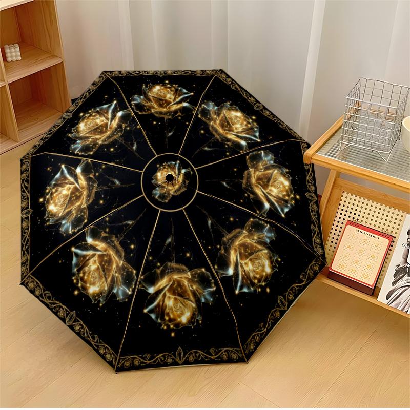 

Golden Rose and Butterfly Design Theme Automatic Umbrella Compact 8-Rib Design Sturdy Construction Durable Umbrella Stylish Accessory
