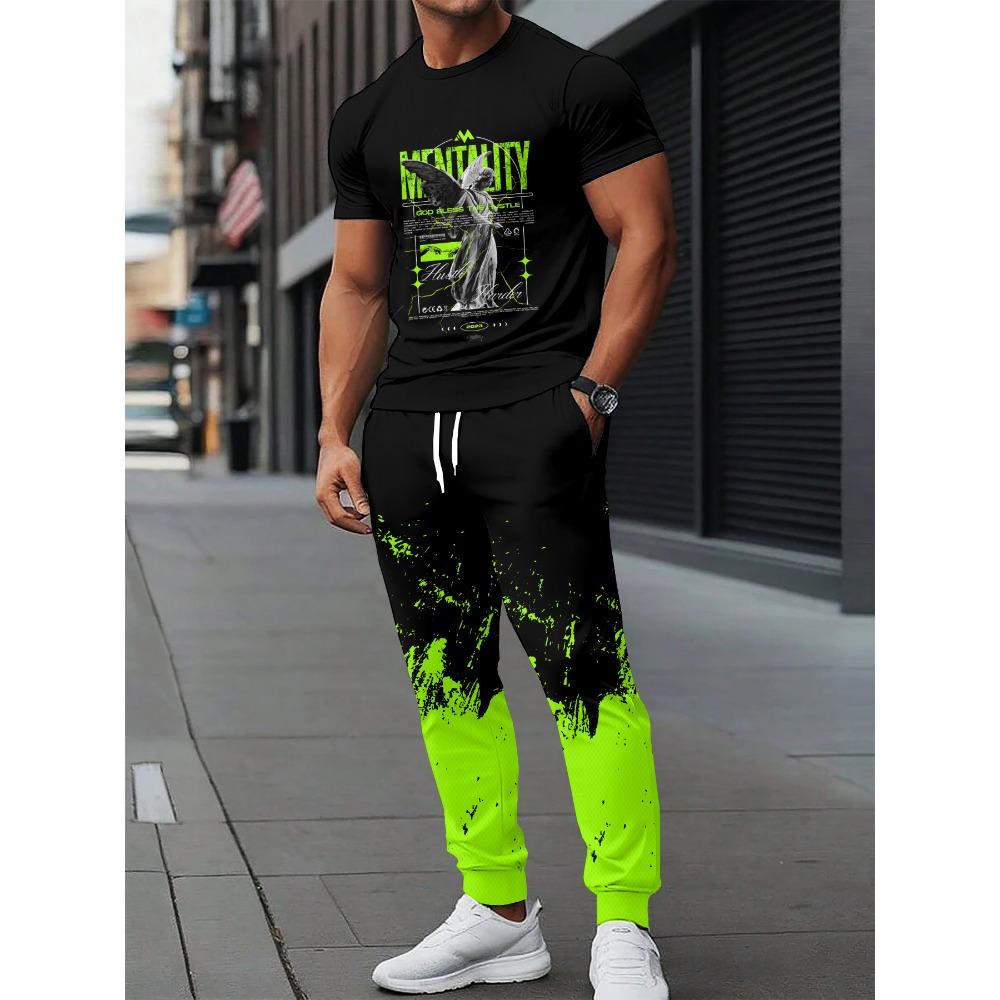 Summer New Men's Short-Sleeved Long Pants Set with 3D Letter Pattern Printing - Street Casual Fashion Soft and Comfortable